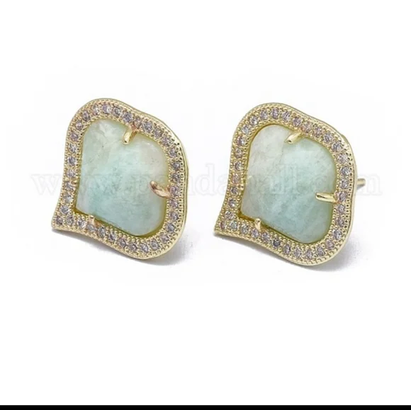 Moroccan ogee shaped natural Amazonite stud earrings with zirconia; brass; nwot - Picture 2 of 7